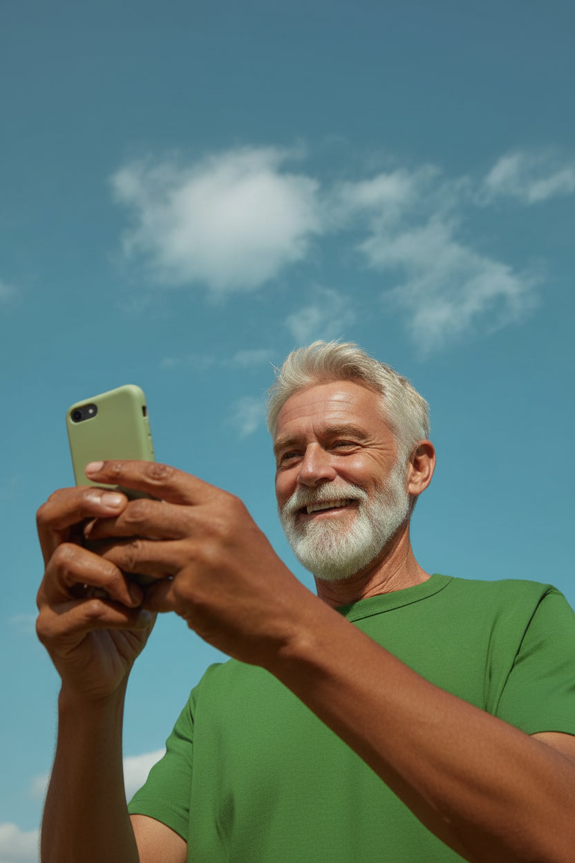 Man using a smartphone against a blue sky
