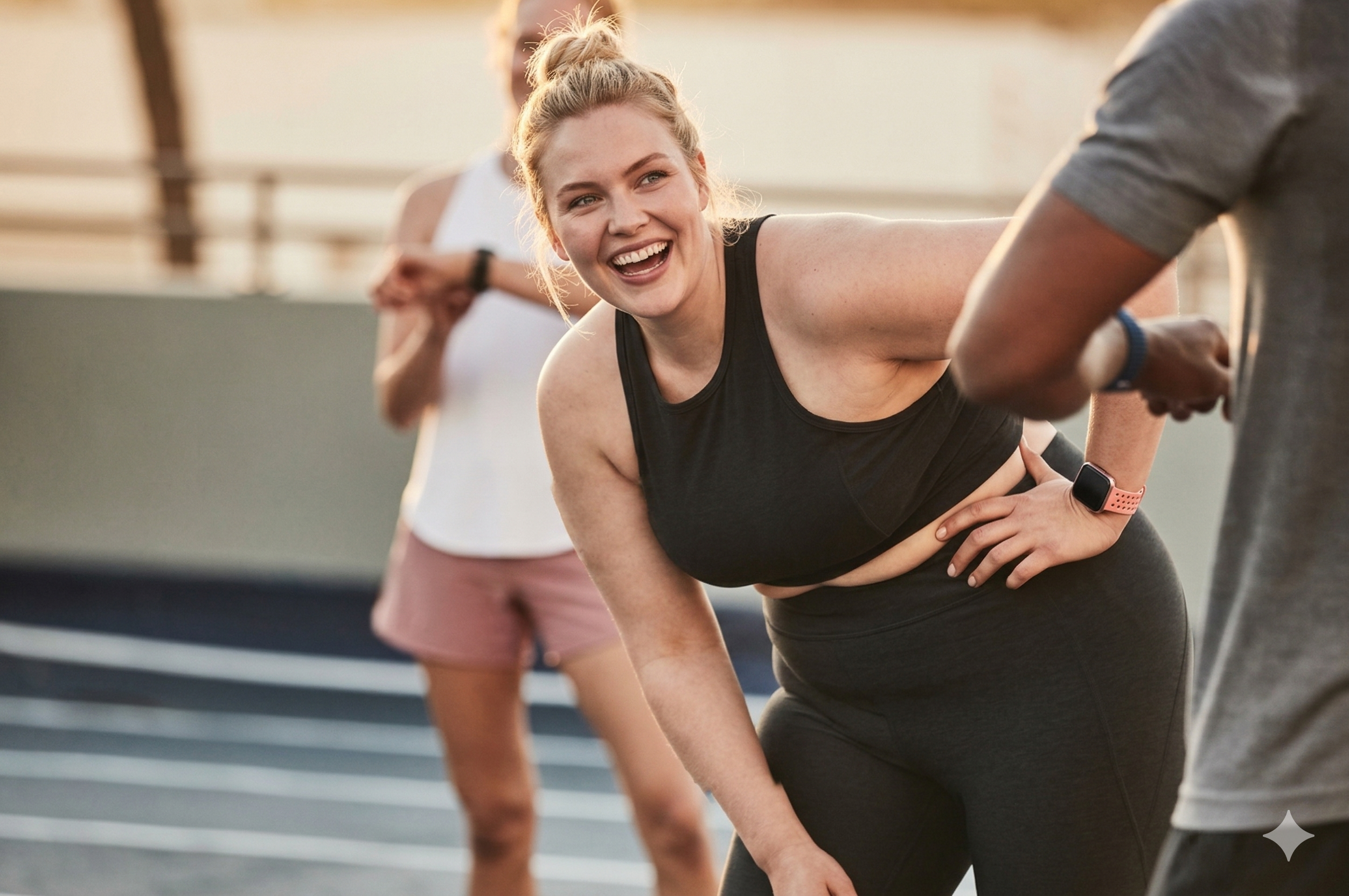 Woman in athletic wear preparing for a run with friends on a bridge