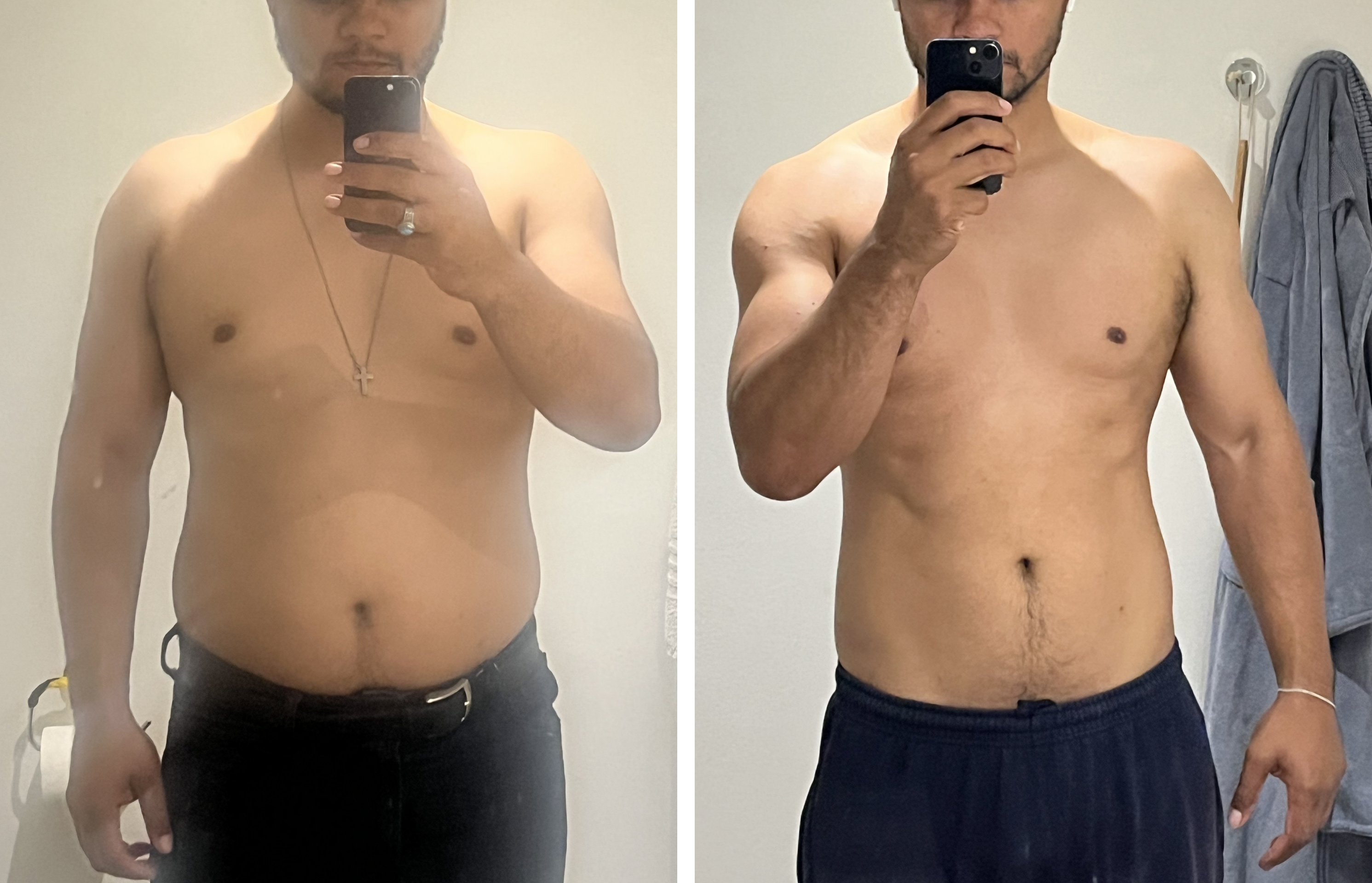 Side-by-side comparison of a person taking a mirror selfie before and after a weight loss journey.